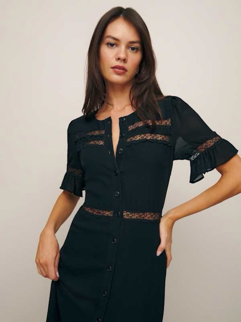 Reformation Black Lace-Trim Button Front Dress - Picture 3 of 9